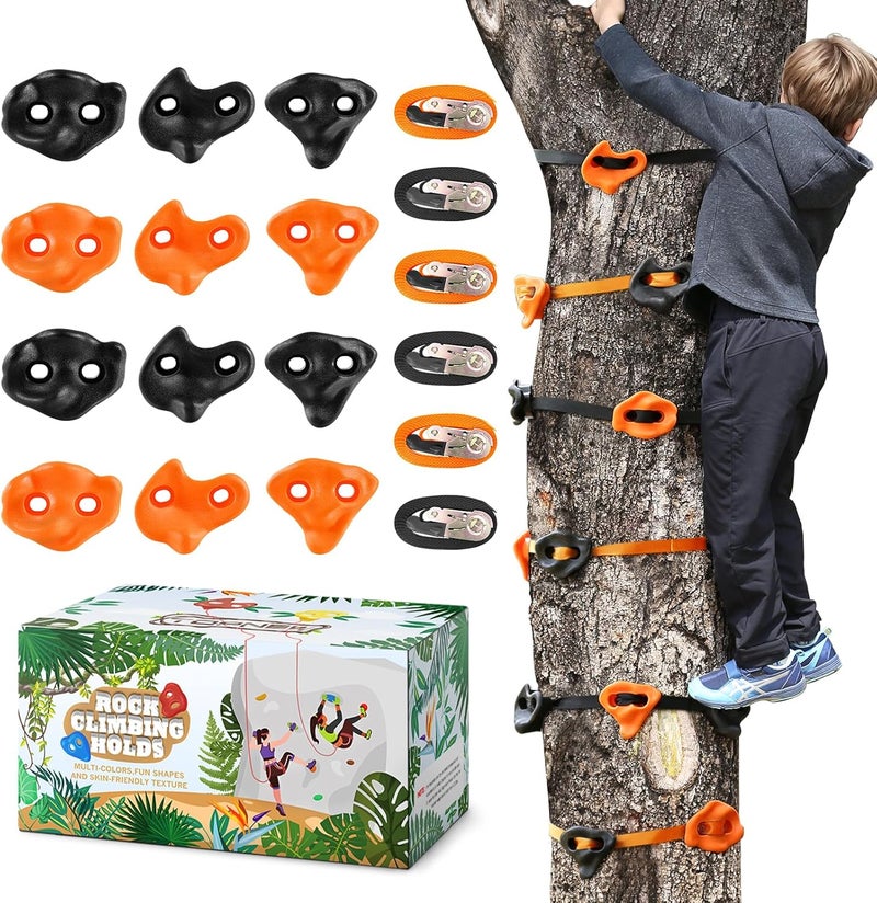 TOPNEW 12 Ninja Tree Climbing Holds for Kids Climber, Orange & Black Tree Climbing Kit with 6 Ratchet Straps for Outdoor Ninja Warrior Obstacle Course Training - Image 1