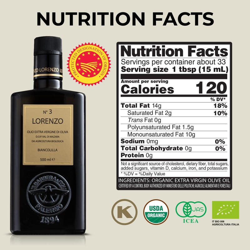 Barbera Lorenzo #3 Organic Extra Virgin Olive Oil PDO Val di Mazara, Fruity, Cold Extracted Authentic Sicilian Olive Oil, Fresh Harvest Imported Olive Oil From Italy 16.9 oz - Image 3