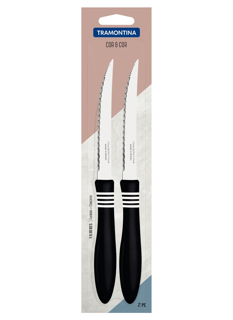 TRAMONTINA - Since 1911,Made in Brazil- Cor&Cor 2 Pieces Steak Knife Set with Stainless Steel Blade and Black Polypropylene Handle - - Image 1