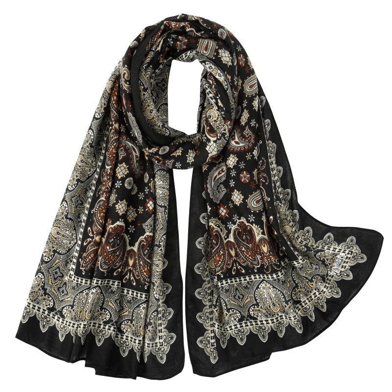 E-Clover Black Gold Rave Scarf for Women Lightweight Paisley Shawl Wraps for Women Fashion Boho Head Scarf Neck Scarfs - Image 1