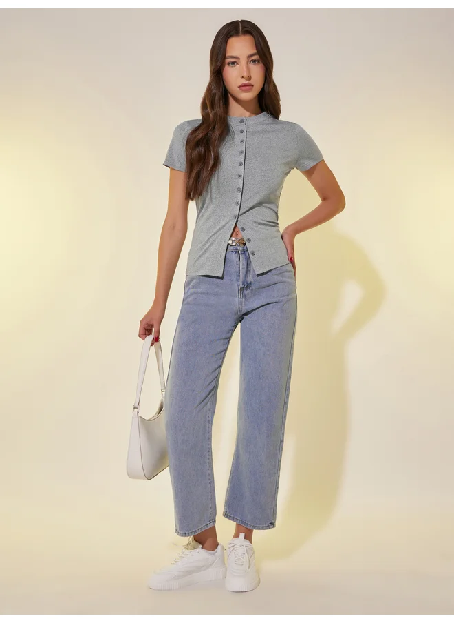 Take Two Take Two Solid Short Sleeve Button-Up Knit Top
