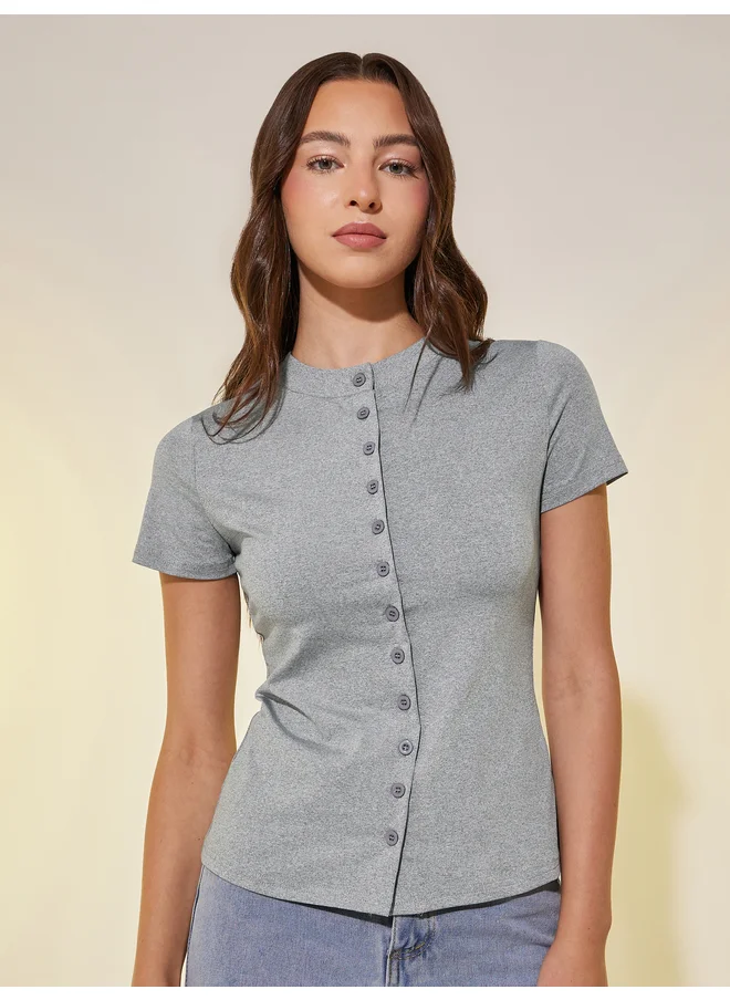 Take Two Take Two Solid Short Sleeve Button-Up Knit Top