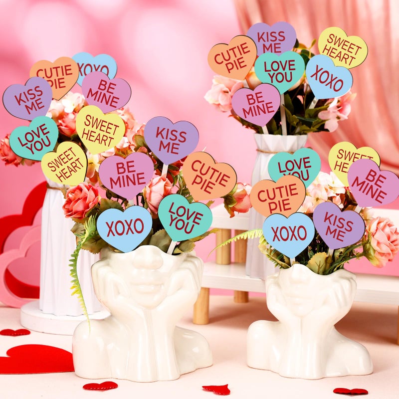 Menkxi 24 Pcs Valentine's Day Decorative Picks Double Sided Wooden Heart Picks with Word Romantic Decor Wood Heart Sticks for Valentines Home Vase Filler Wedding Decorations(Cute) - Image 1