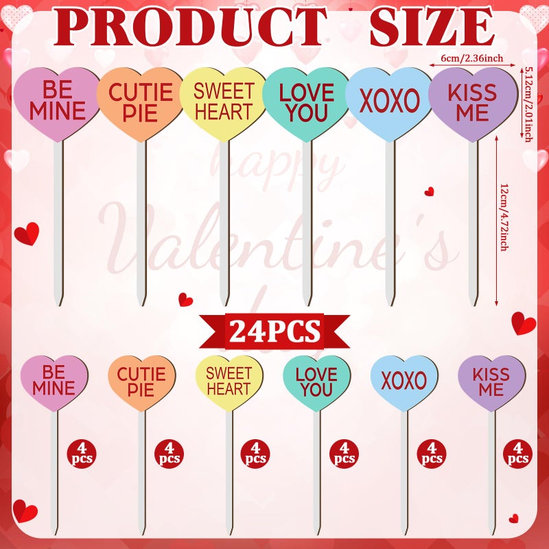 Menkxi 24 Pcs Valentine's Day Decorative Picks Double Sided Wooden Heart Picks with Word Romantic Decor Wood Heart Sticks for Valentines Home Vase Filler Wedding Decorations(Cute) - Image 2