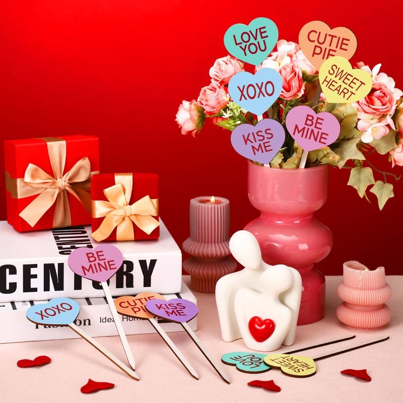 Menkxi 24 Pcs Valentine's Day Decorative Picks Double Sided Wooden Heart Picks with Word Romantic Decor Wood Heart Sticks for Valentines Home Vase Filler Wedding Decorations(Cute) - Image 3