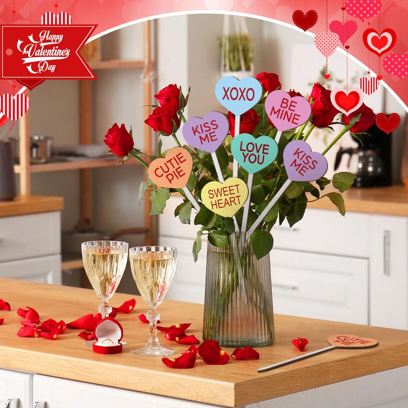 Menkxi 24 Pcs Valentine's Day Decorative Picks Double Sided Wooden Heart Picks with Word Romantic Decor Wood Heart Sticks for Valentines Home Vase Filler Wedding Decorations(Cute) - Image 5