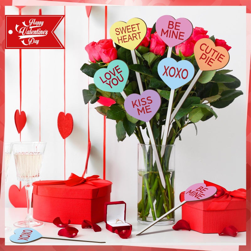 Menkxi 24 Pcs Valentine's Day Decorative Picks Double Sided Wooden Heart Picks with Word Romantic Decor Wood Heart Sticks for Valentines Home Vase Filler Wedding Decorations(Cute) - Image 4