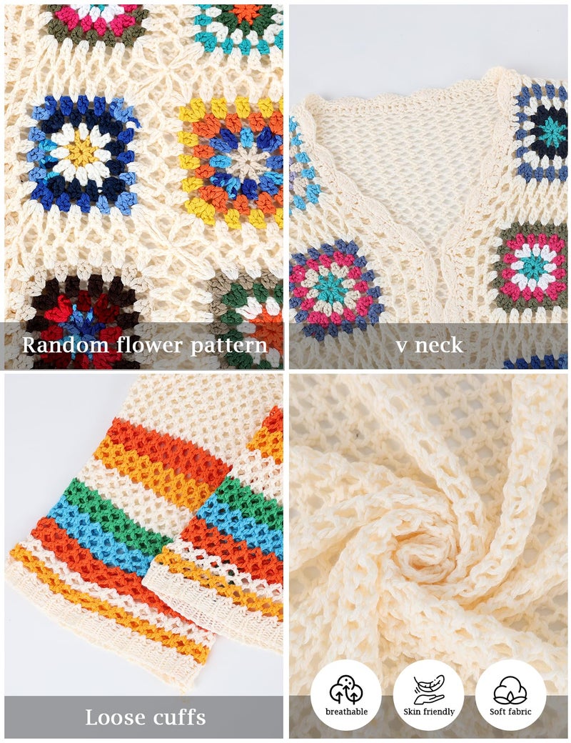 Gihuo Women Bohemian Floral Crochet Cardigan, Hollow Out Long Sleeve Open Front Sweater Cardigan, Multicolor Granny Square (Apricot-L) - Image 4
