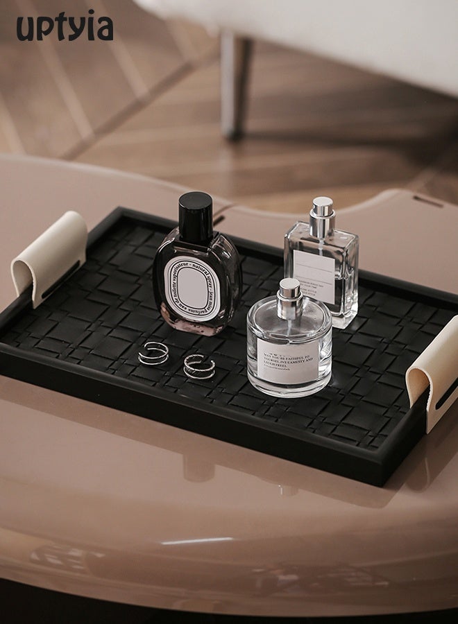 Uptyia Rectangle Serving Tray Decor Platter, Elegant and Luxurious Jewelry Entrance Storage Plate, Luxury Wooden Tray With Leather Texture Candle Holder for Home, Living Room, Bathroom, Best Housewarming/Gift , Decorative Accessory (Black) - Image 1