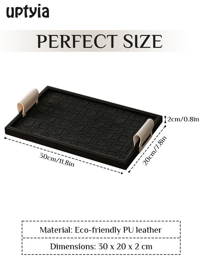 Uptyia Rectangle Serving Tray Decor Platter, Elegant and Luxurious Jewelry Entrance Storage Plate, Luxury Wooden Tray With Leather Texture Candle Holder for Home, Living Room, Bathroom, Best Housewarming/Gift , Decorative Accessory (Black) - Image 3