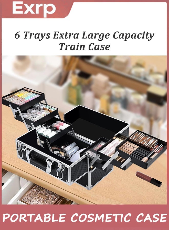 Exrp Makeup Train Case Large Portable Cosmetic Case - 6 Tier Trays Professional Makeup Storage Organizer Box Make Up Carrier with Lockable keys Travel Case for Women and Girls - Image 3