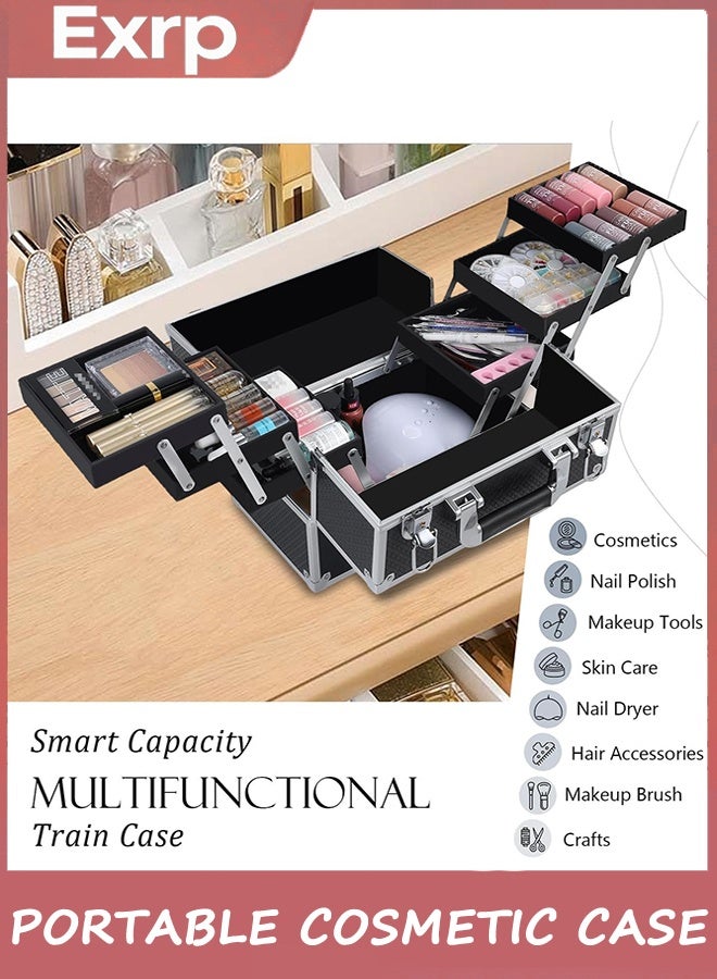 Exrp Makeup Train Case Large Portable Cosmetic Case - 6 Tier Trays Professional Makeup Storage Organizer Box Make Up Carrier with Lockable keys Travel Case for Women and Girls - Image 5