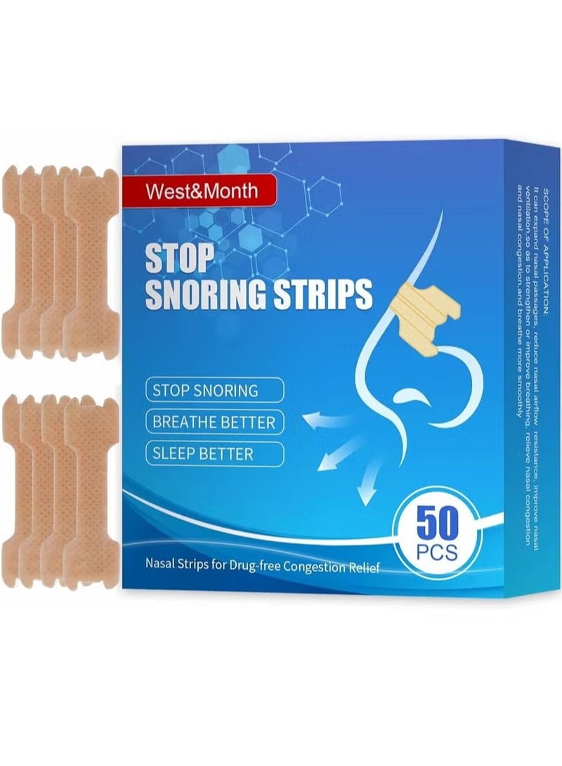 West&Month Nasal Strips for Snoring, Anti Snoring Strips, 50 Pcs Nose Strips for Breathing, Relieve Nasal Congestion, Improved Airflow, and Comfortable Fit Snore Strips, Extra Strength Anti Snoring Solution - Image 1