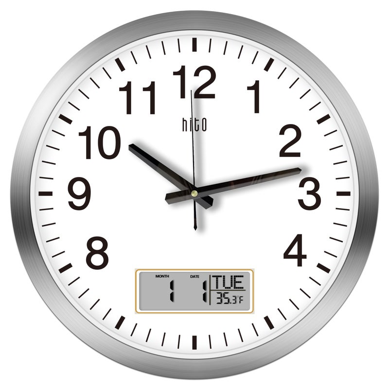 HITO 14 Inch Silent Wall Clock Battery Operated with Temperature and Date Large Wall Clock for Living Room Decor Office Classroom Bedroom