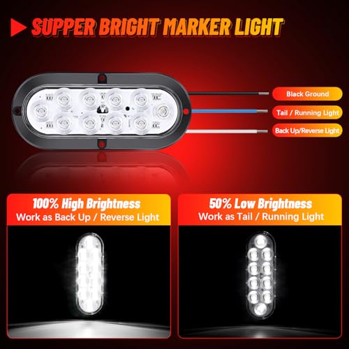 nifeida Trailer Tail Light Kit, 6" Oval LED Stop Brake Turn Trailer Lights Surface Mount Waterproof Marker Lights for Boat Trailer Truck RV (2 red+2 white, 10 LED Model) - Image 3