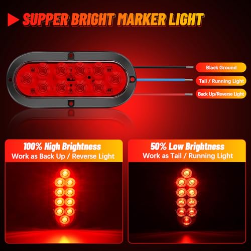 nifeida Trailer Tail Light Kit, 6" Oval LED Stop Brake Turn Trailer Lights Surface Mount Waterproof Marker Lights for Boat Trailer Truck RV (2 red+2 white, 10 LED Model) - Image 2