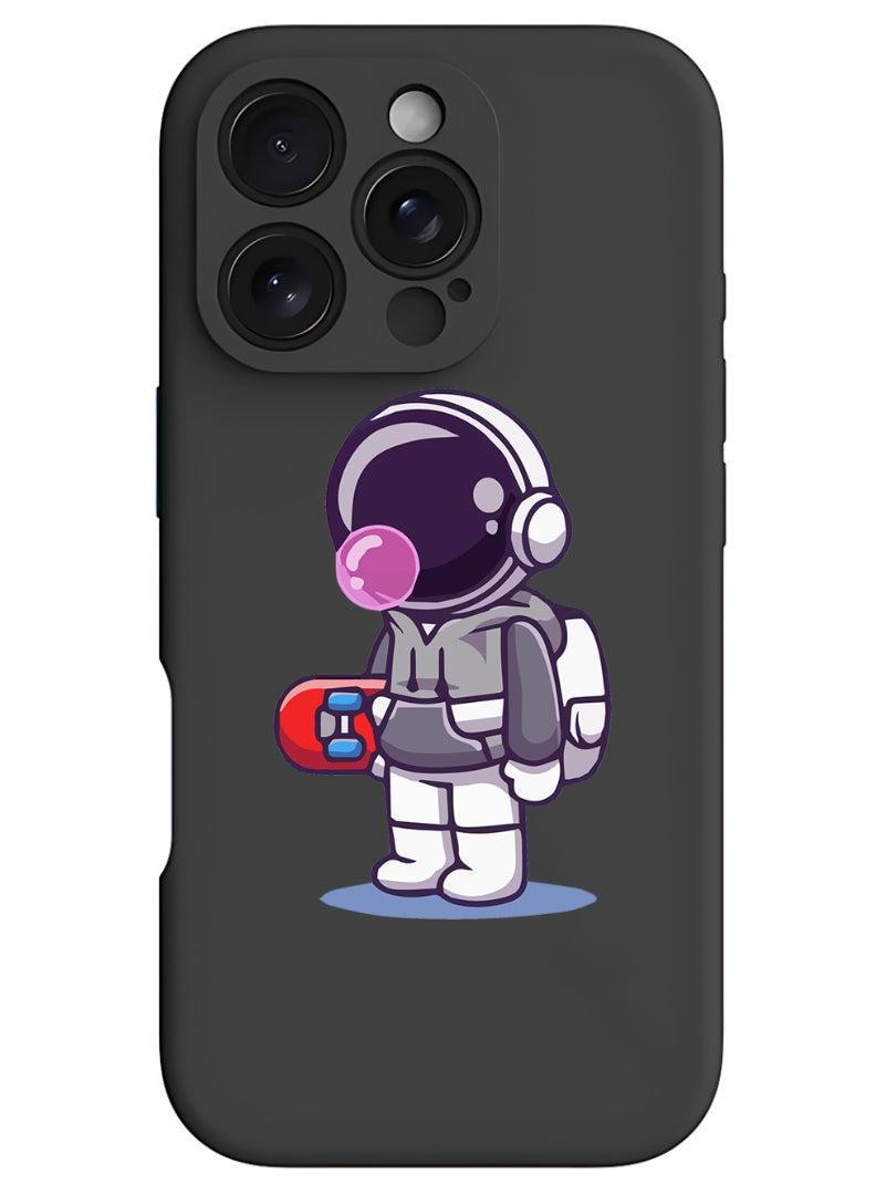 Theodor iPhone 16 Pro Black Protective Slim Fit Case Liquid Silicone Cover with Full Body Protection Anti-Scratch Shockproof Case For iPhone - Astronaut holding skateboard - Image 1