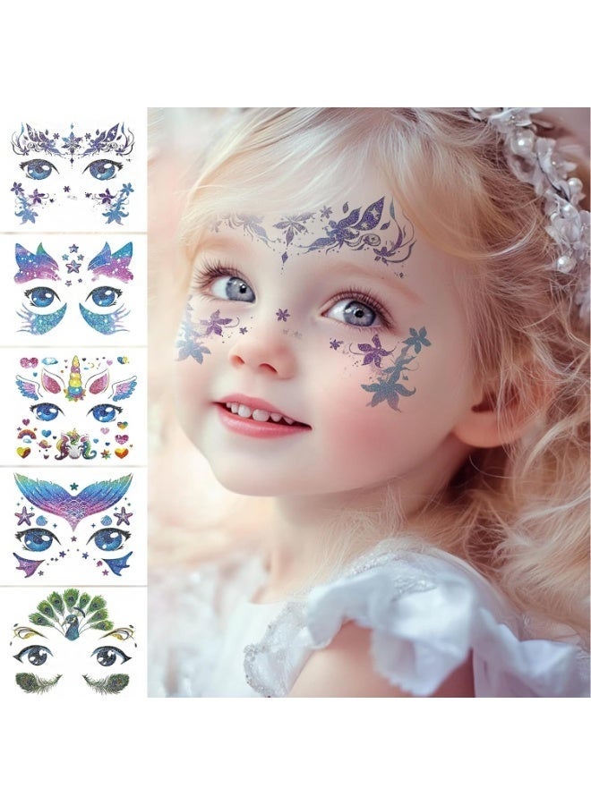 جلامكيت 10 أوراق وشم لامعة للوجه للأطفال، وشوم حيوانات مزيفة للبنات، وشم مكياج للوجه، وشم حورية البحر، وشم مؤقت للوجه، وملصقات مكياج لأعياد الميلاد، وهدايا الحفلات - Image 3
