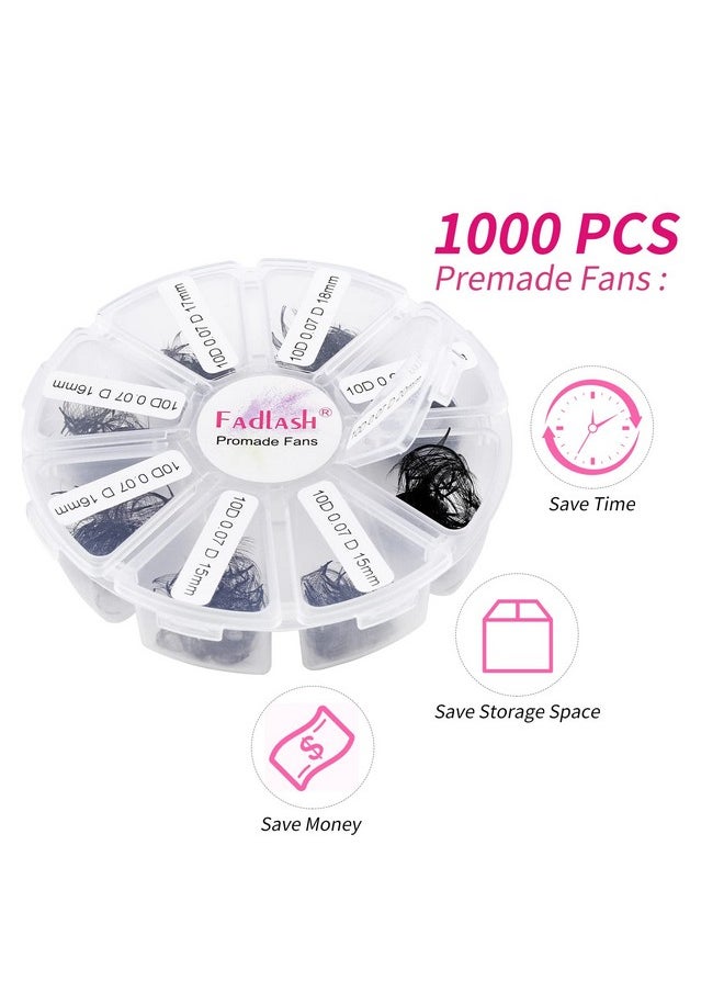 FADLASH - Premade Fans Eyelash Extensions Mixed Tray 1000 Premade Lash Fans 10D Premade Volume Eyelash Extensions Pointed Handmade Promade Loose Fans D Curl Thin Base (10D0.07D 1520Mm) - Image 1