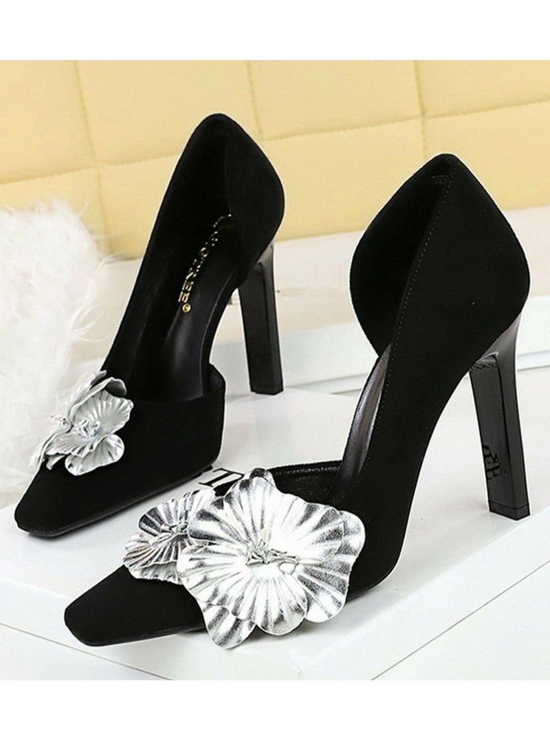 BIGTREE Women's Closed Square Toe High Heels Floral Decoration Stiletto Pumps Black 10.5CM - Image 1