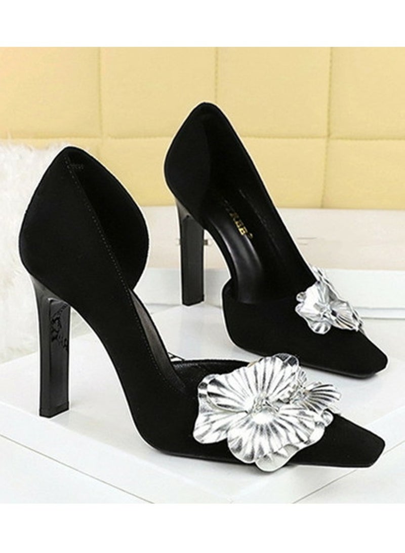 BIGTREE Women's Closed Square Toe High Heels Floral Decoration Stiletto Pumps Black 10.5CM - Image 2