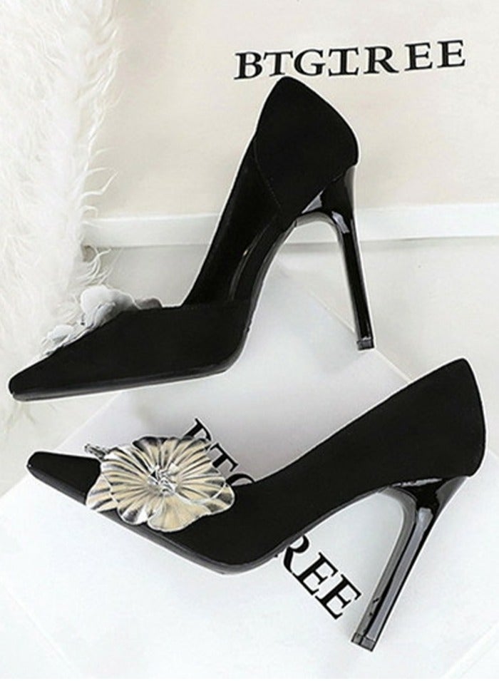 BIGTREE Women's Closed Square Toe High Heels Floral Decoration Stiletto Pumps Black 10.5CM - Image 3