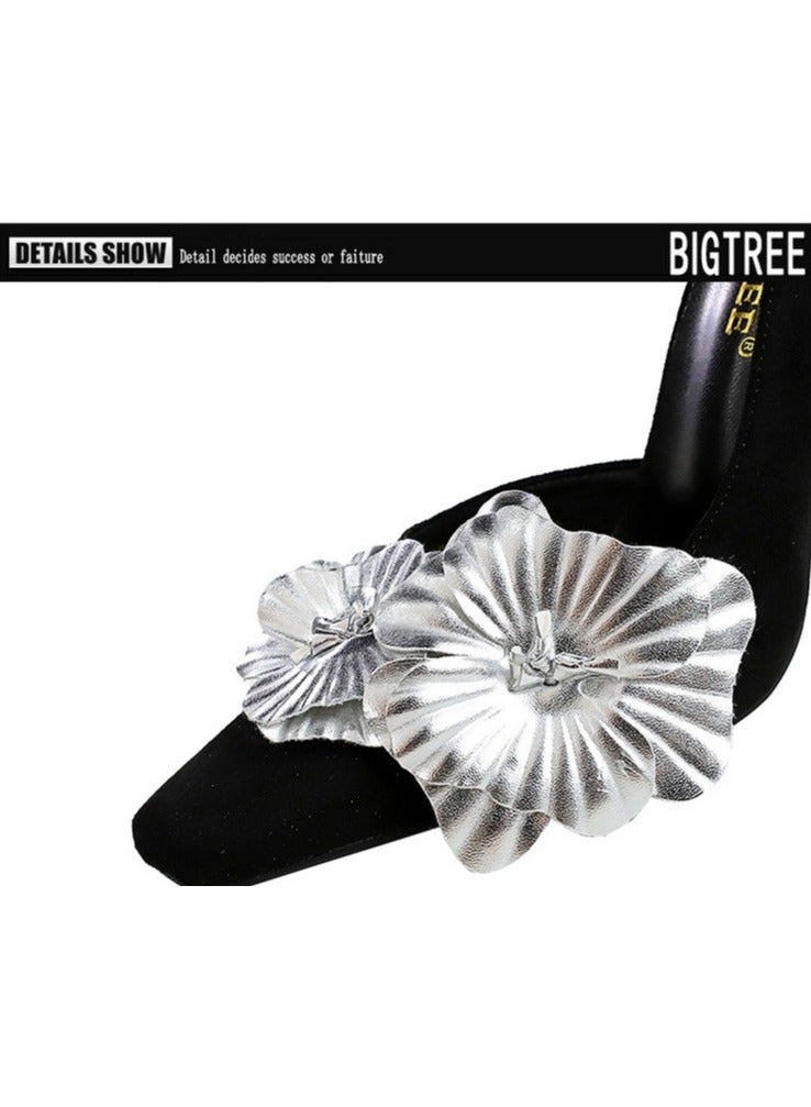 BIGTREE Women's Closed Square Toe High Heels Floral Decoration Stiletto Pumps Black 10.5CM - Image 4