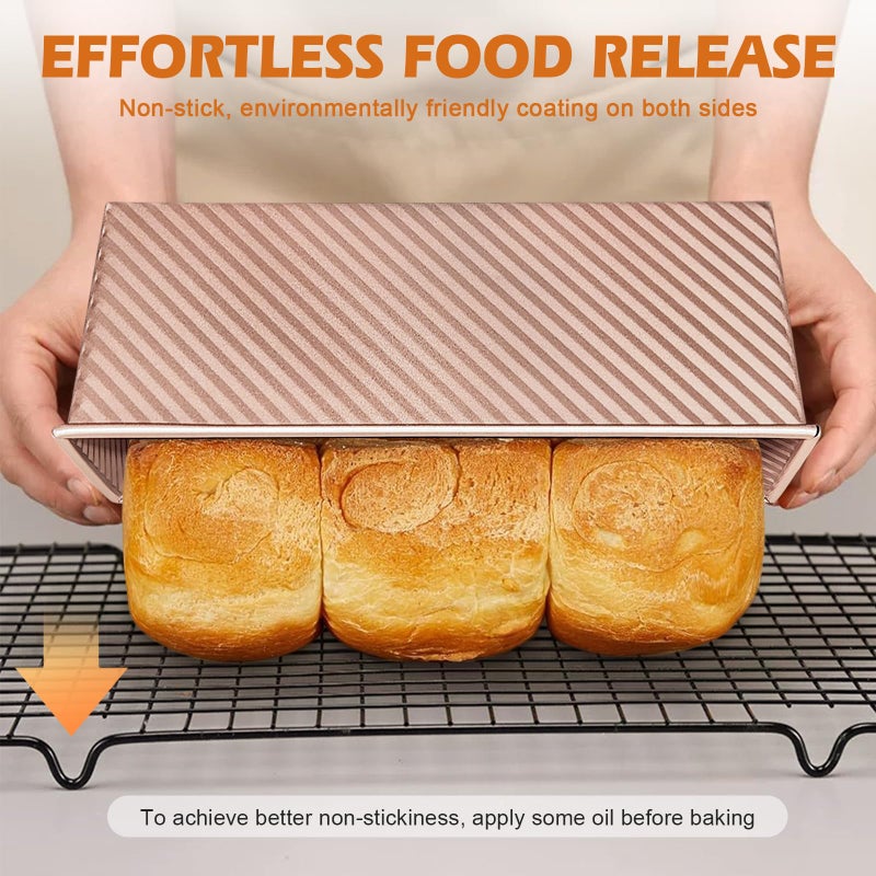 Dipanist 2Pack Bread Loaf Pan with Lids â€“ 1 LB Dough Capacity, Non-Stick Carbon Steel Pullman Loaf Pan for Homemade Sandwich and Sourdough Bread, Corrugated Toast Mold Gold - Image 4