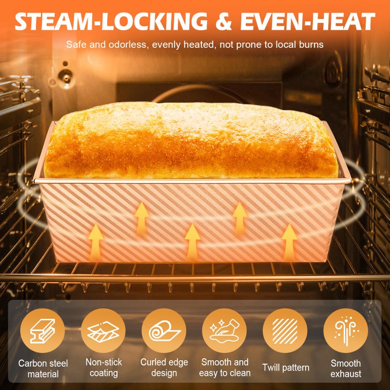 Dipanist 2Pack Bread Loaf Pan with Lids â€“ 1 LB Dough Capacity, Non-Stick Carbon Steel Pullman Loaf Pan for Homemade Sandwich and Sourdough Bread, Corrugated Toast Mold Gold - Image 3