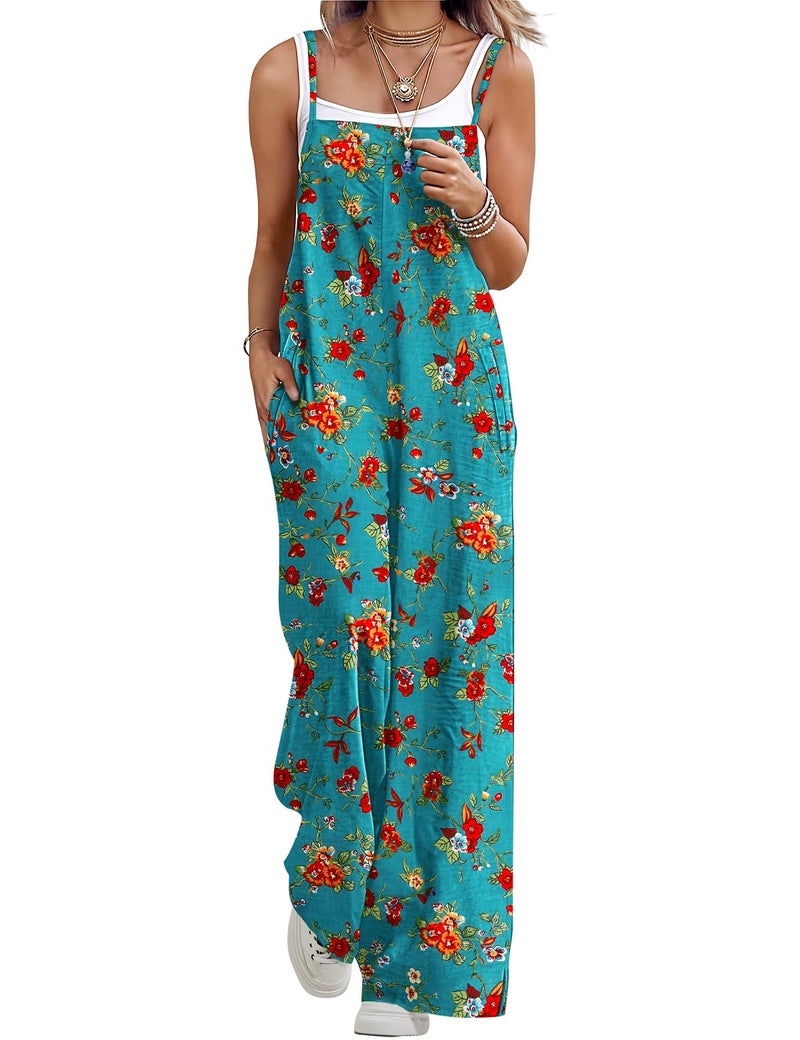 YESNO Women's Summer Boho Casual Jumpsuits Wide Leg Overalls Floral Print Baggy Rompers with Pockets L PZZCR 14 - Image 1