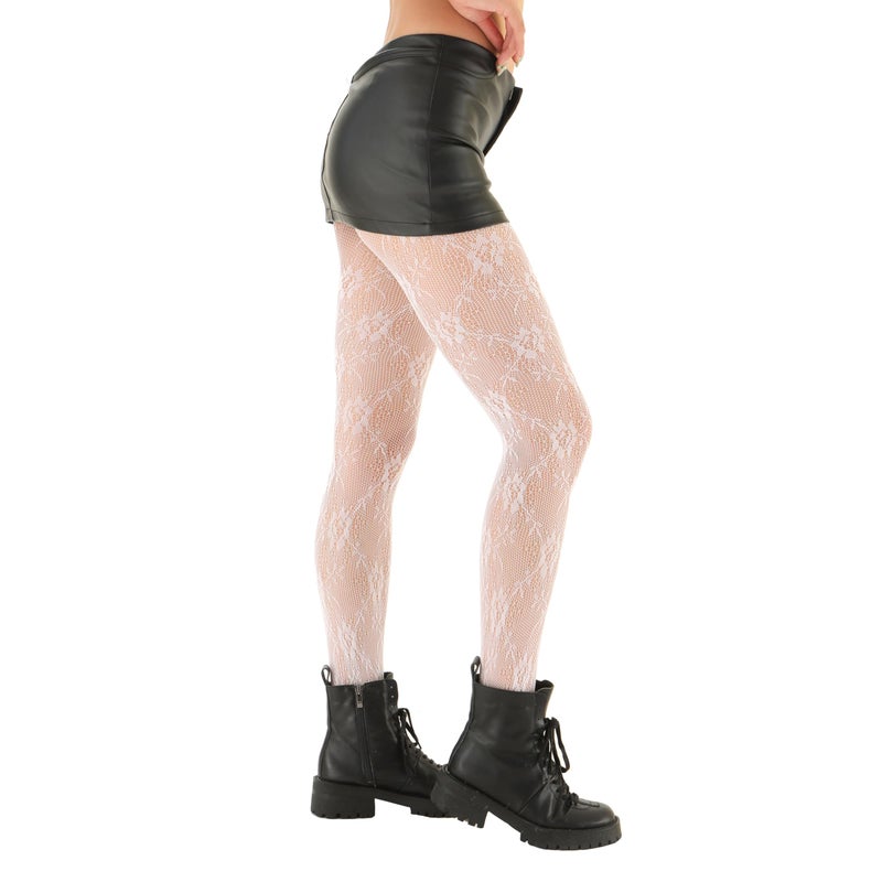 EVERSWE High Waist Fishnet Tights, Thigh High Suspender Stockings (Flower A3 White, SM) - Image 3