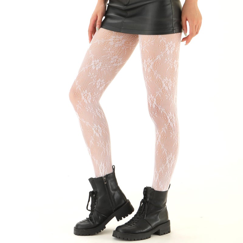 EVERSWE High Waist Fishnet Tights, Thigh High Suspender Stockings (Flower A3 White, SM) - Image 4