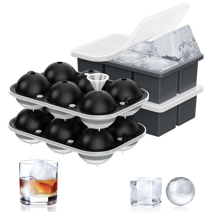 ROTTAY Ice Cube Trays Set of 4 Sphere Ice Ball Maker with Lid  Large Square Ice Cube Maker for Whiskey Cocktails and Homemade Keep Drinks Chilled