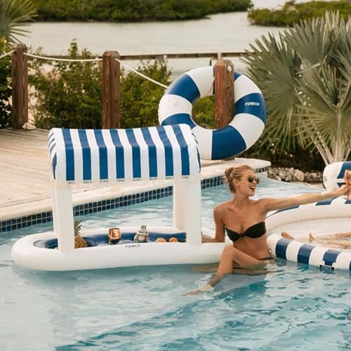 FUNBOY Giant Floating Navy Cabana Stripe Drink Station, Removable Fabric Shade with Fringe, Perfect for Parties, Table-Top Decorations and in-Pool Refreshments. - Image 3