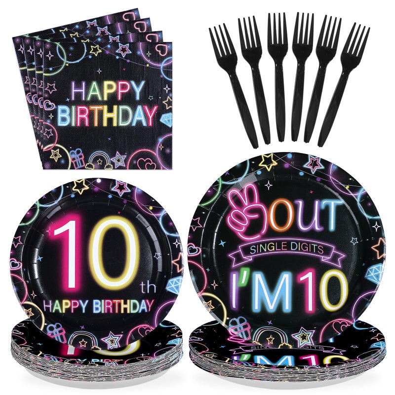 Greencian 96Pcs Neon 10th Birthday Decorations Neon 10th Birthday Party Plates and Napkins Double Digits Disposable Tableware for 10 Years Old Girls Boys Peace Out Single Digits Party Decor Serve 24 - Image 1