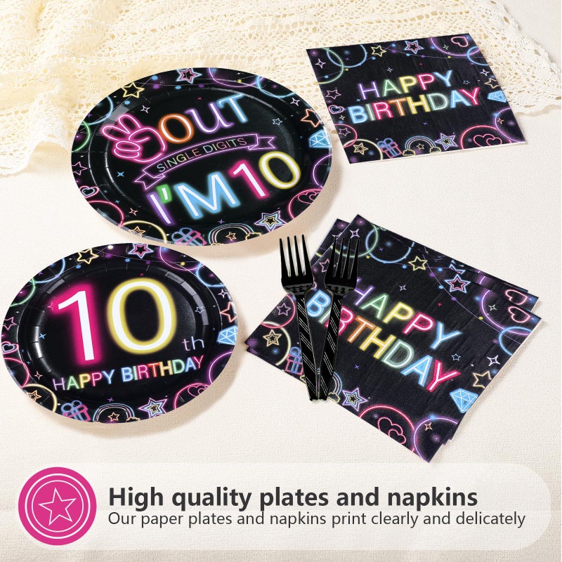 Greencian 96Pcs Neon 10th Birthday Decorations Neon 10th Birthday Party Plates and Napkins Double Digits Disposable Tableware for 10 Years Old Girls Boys Peace Out Single Digits Party Decor Serve 24 - Image 4