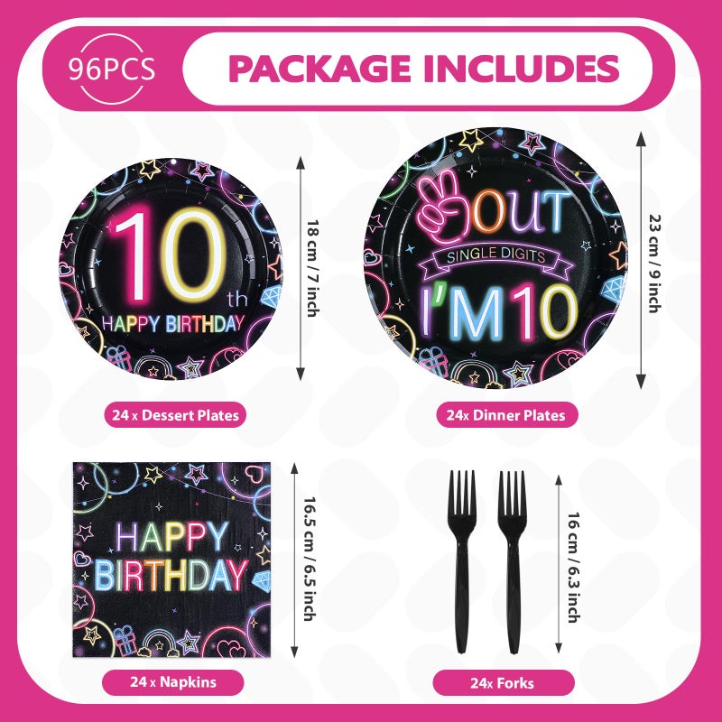 Greencian 96Pcs Neon 10th Birthday Decorations Neon 10th Birthday Party Plates and Napkins Double Digits Disposable Tableware for 10 Years Old Girls Boys Peace Out Single Digits Party Decor Serve 24 - Image 2