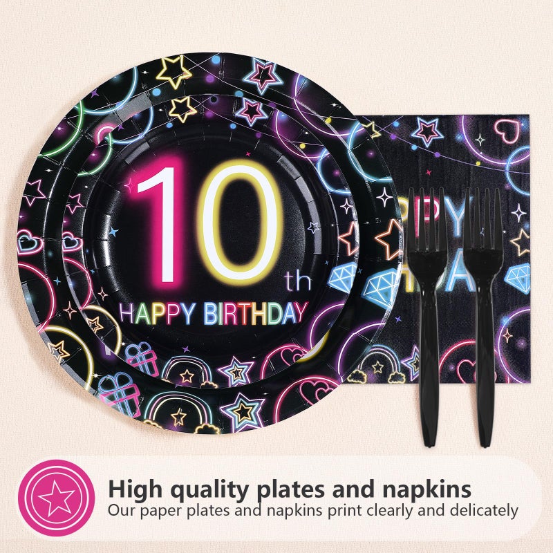 Greencian 96Pcs Neon 10th Birthday Decorations Neon 10th Birthday Party Plates and Napkins Double Digits Disposable Tableware for 10 Years Old Girls Boys Peace Out Single Digits Party Decor Serve 24 - Image 3