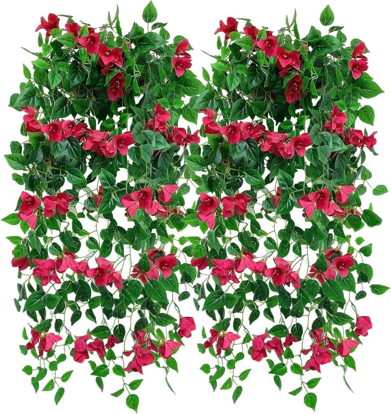 swerchor Pack of 4pcs Artificial Hanging Bougainvillea Silk Plastic Flower Vines Faux Plant for Indoor Outdoor Home Farmhouse Garden Porch Eave Wall Fence Wedding Party Decor (Fuchsia) - Image 1