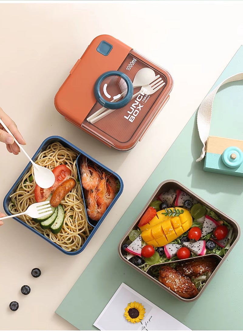 تويسو صندوق غداء بينتو بتصميم كاميرا للأطفال من Twisoo، سعة 1000 مل، مقاوم للتسرب، خالي من مادة BPA، مقصورتان، مع ملعقة وشوكة، قفل بمشبك، بئر مقاوم للانسكاب، مزلاج سهل الفتح (بني) - Image 2