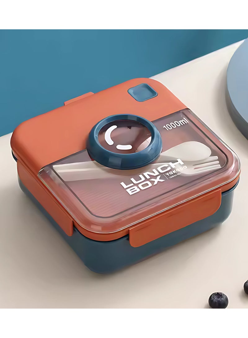 تويسو صندوق غداء بينتو بتصميم كاميرا للأطفال من Twisoo، سعة 1000 مل، مقاوم للتسرب، خالي من مادة BPA، مقصورتان، مع ملعقة وشوكة، قفل بمشبك، بئر مقاوم للانسكاب، مزلاج سهل الفتح (بني) - Image 5