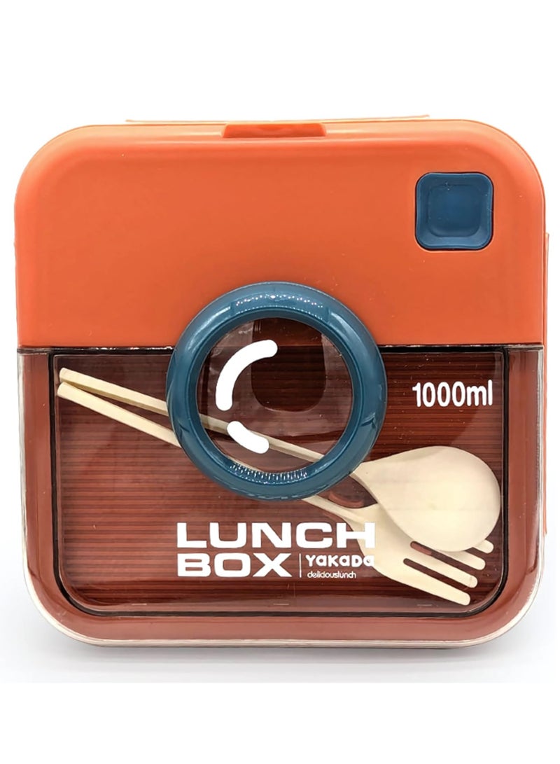 تويسو صندوق غداء بينتو بتصميم كاميرا للأطفال من Twisoo، سعة 1000 مل، مقاوم للتسرب، خالي من مادة BPA، مقصورتان، مع ملعقة وشوكة، قفل بمشبك، بئر مقاوم للانسكاب، مزلاج سهل الفتح (بني) - Image 1