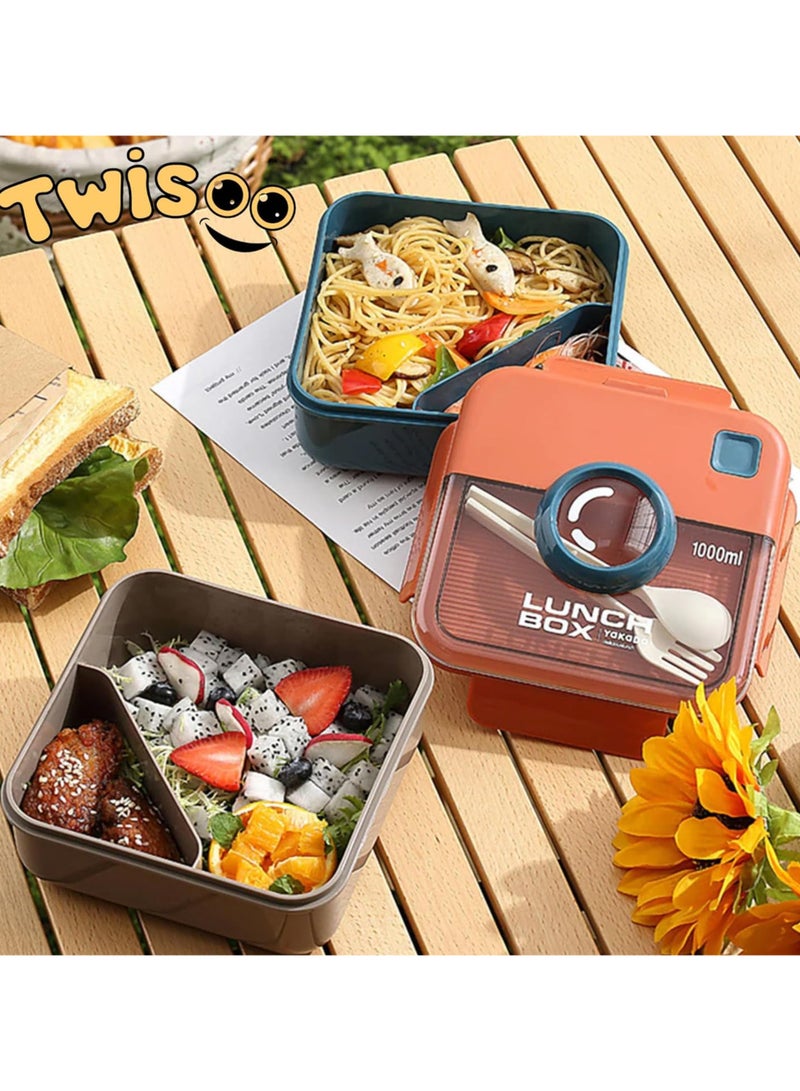 تويسو صندوق غداء بينتو بتصميم كاميرا للأطفال من Twisoo، سعة 1000 مل، مقاوم للتسرب، خالي من مادة BPA، مقصورتان، مع ملعقة وشوكة، قفل بمشبك، بئر مقاوم للانسكاب، مزلاج سهل الفتح (بني) - Image 4