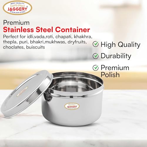 JAGGERY Brand Heavy Gauge Stainless Steel Container/Storage Box/Deep Betha Dabba/Grocery Canister/Multipurpose Dibba, for Laddu/Papad/Chips/idli/snacks/sweets/chapati,puri etc (10no.) - Image 4