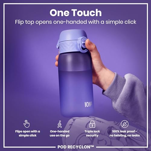 Ion8 Small Water Bottle, 350 ml/12 oz, Leak Proof, Easy to Open, Secure Lock, Dishwasher Safe, BPA Free, Carry Handle, Hygienic Flip Cover, Easy Clean, Odor Free, Carbon Neutral, Light Purple - Image 3