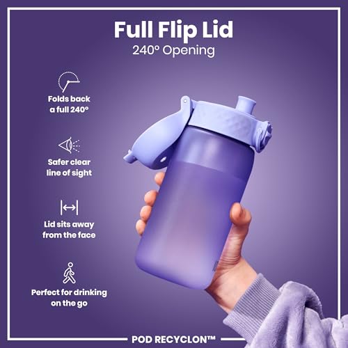 Ion8 Small Water Bottle, 350 ml/12 oz, Leak Proof, Easy to Open, Secure Lock, Dishwasher Safe, BPA Free, Carry Handle, Hygienic Flip Cover, Easy Clean, Odor Free, Carbon Neutral, Light Purple - Image 4