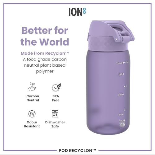 Ion8 Small Water Bottle, 350 ml/12 oz, Leak Proof, Easy to Open, Secure Lock, Dishwasher Safe, BPA Free, Carry Handle, Hygienic Flip Cover, Easy Clean, Odor Free, Carbon Neutral, Light Purple - Image 5