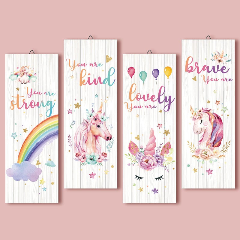 Chunful 4 Pcs Unicorn Rainbow Motivational Wall Hanging Sign for Girls Children Room Wall Art Inspirational Quotes Wood Unicorn Hanging Plaque Bedroom Decorations for Baby Toddler Kids Teen 