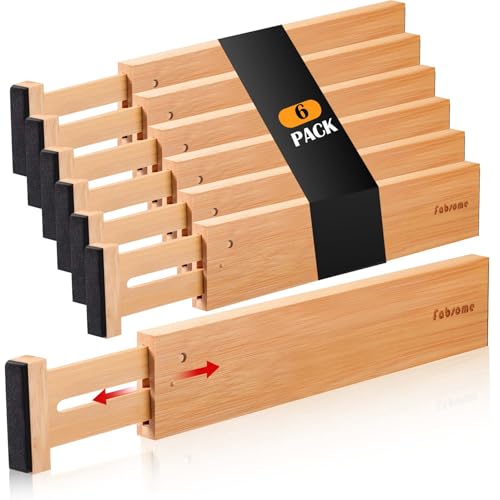 Fabsome Drawer Divider 6 Pack, Bamboo Dresser Organizers for Clothes Socks Underwear Baby Clothing, Wooden Separators for Nursery Organization Adjustable from 12.5'' to 17'' with Soft Foam Ends - Image 1