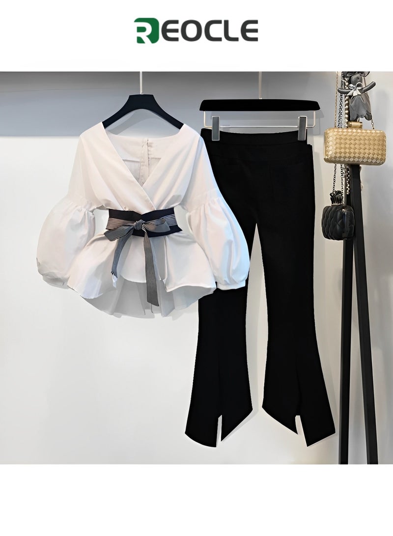 REOCLE Spring and Autumn Suit for Women White Top and Black Trousers Fashionable and Age-reducing Suit for Small People Making Taller and Slimmer Fashionable Suit - Image 2